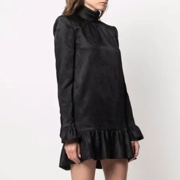 Saint Laurent black jacquard long sleeve ruffle mini dress - 6 / Small (38) - Picture 2 of 7